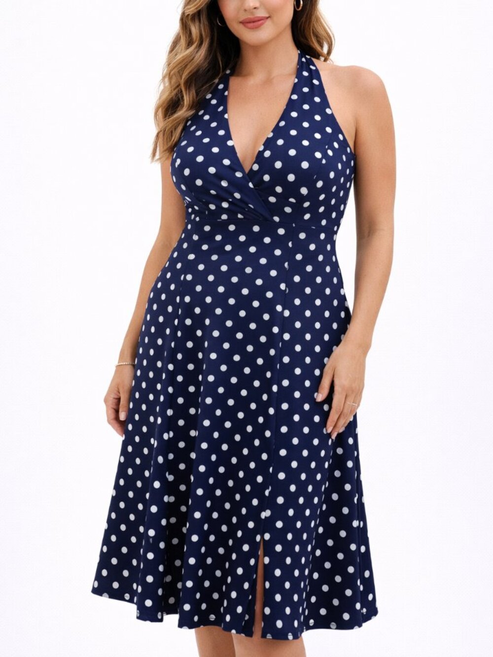 Jones New York Polka Dot Halter Dress Navy White Preppy, Retro, Dainty, Nautical